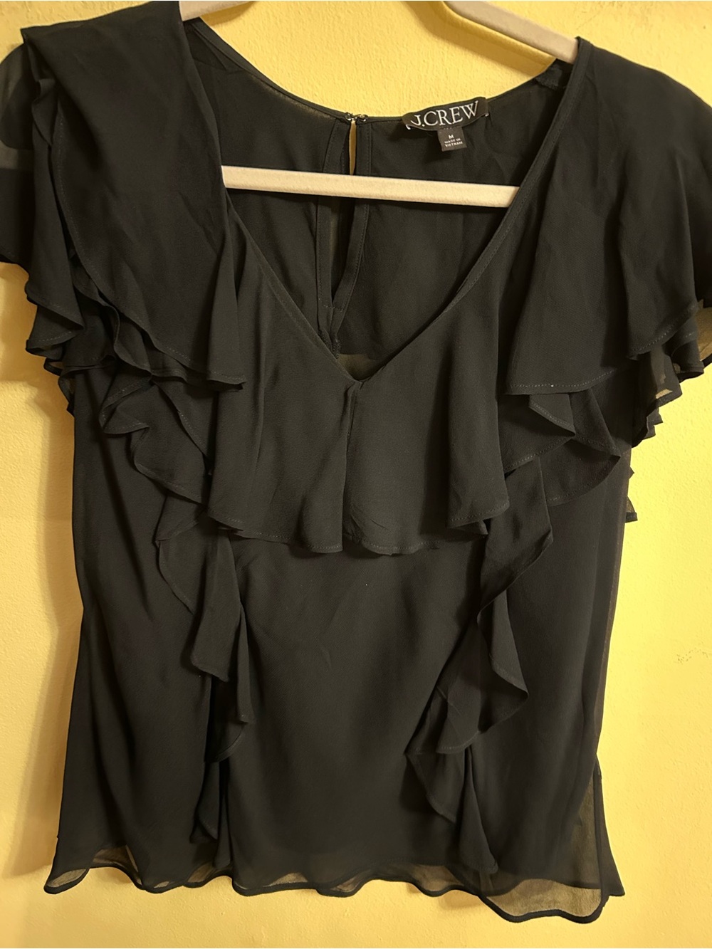 J. Crew Black Chiffon Ruffle V-Neck Blouse